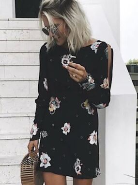 Free People Black Floral Cold-Shoulder Mini Dress. Size Small new